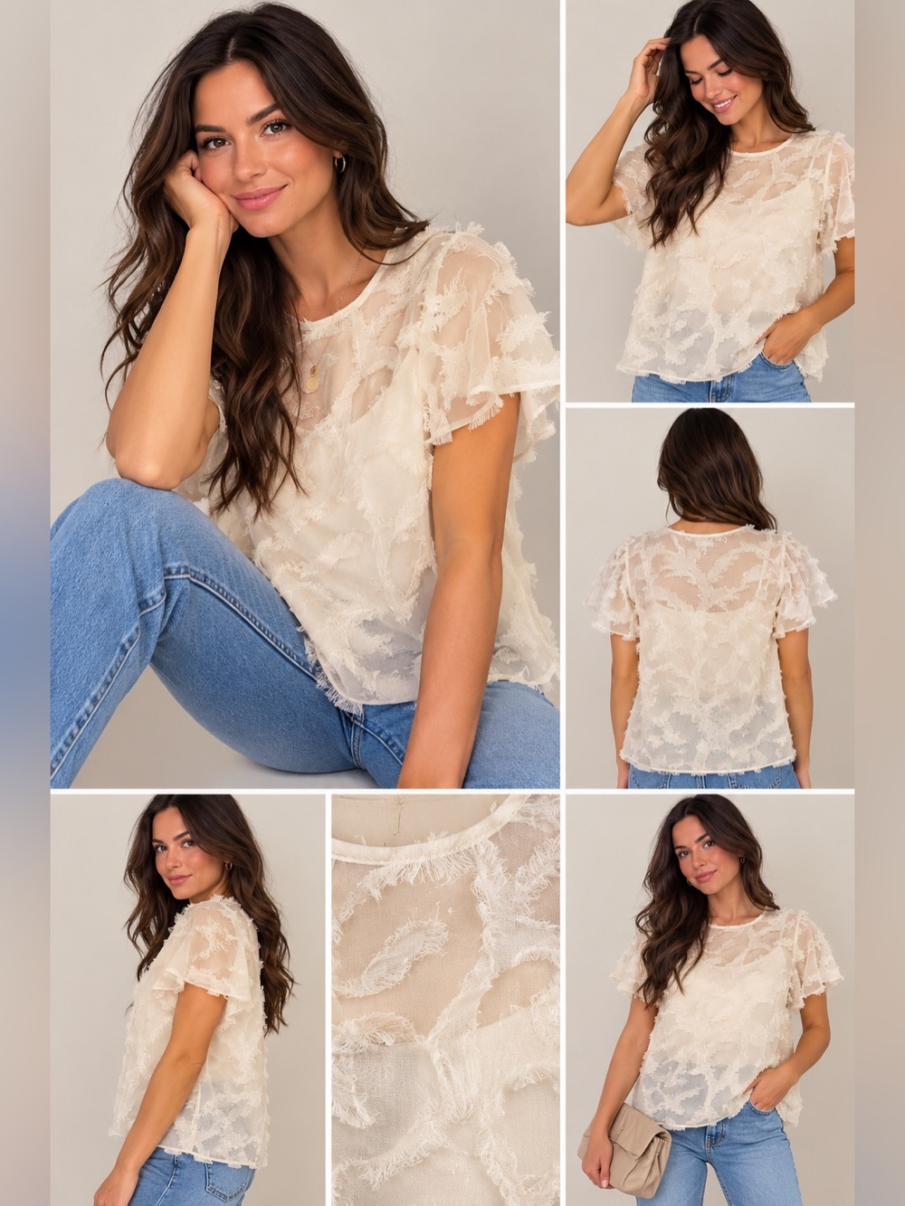 Vince Camuto Elegant Ivory Textured sheer Short-Sleeve Blouse